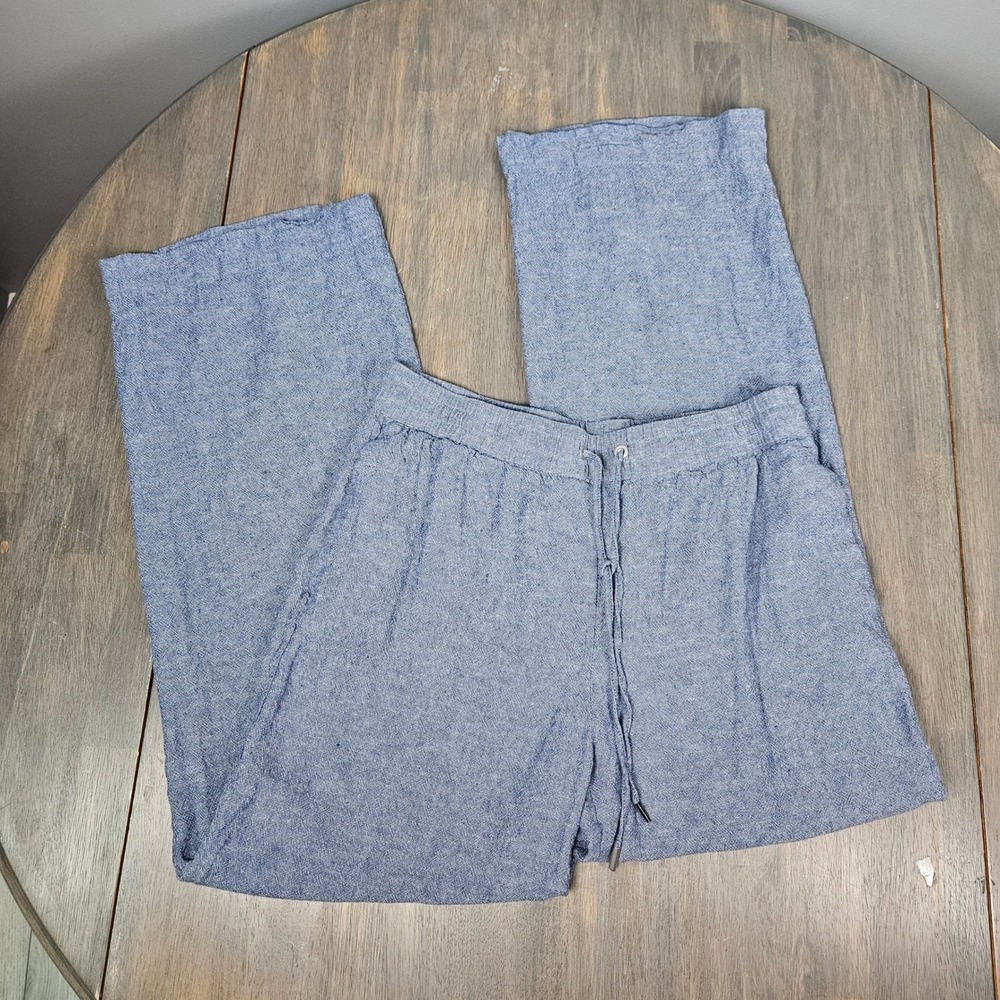 Rachel Zoe Women M Pants Linen Blend Wide Leg Drawstring Coastal Summer Blue
